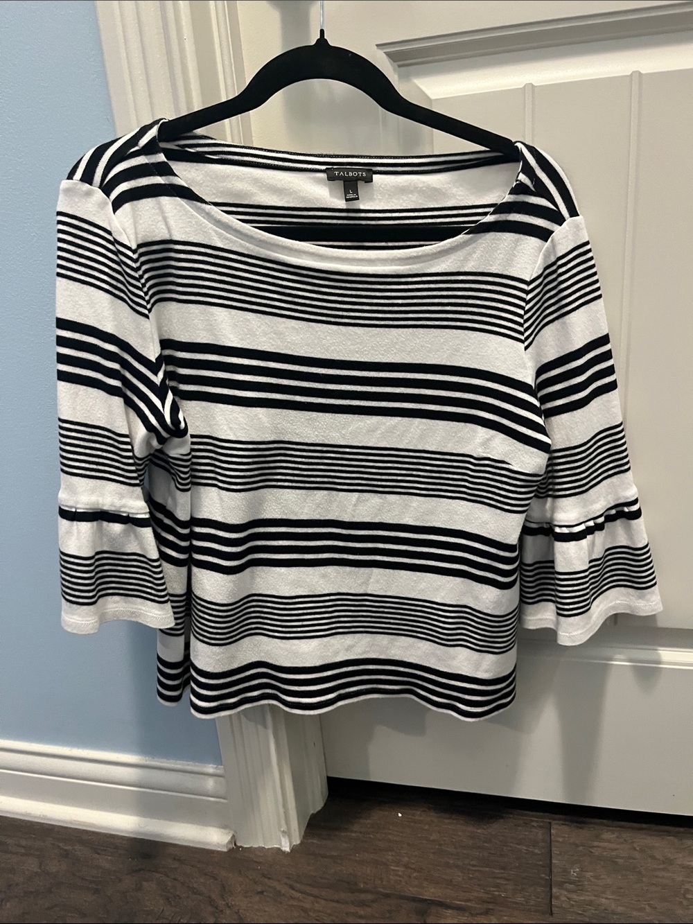 Talbots Black and White Striped Bell-Sleeve Top